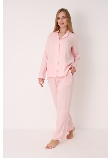 Nbb Kadın Pembe Straight Önden Düğmeli Pijama Takım Pembe