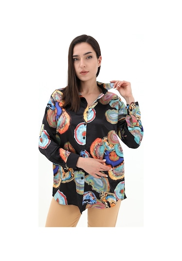Desenli Saten Gömlek - Siyah-siyah Siyah