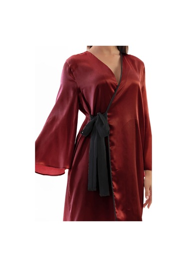 Laperissa Kadın Bordo Saten Dokuma Sabahlık Siyah Kuşaklı Şık Ve Zarif Ev Giyim Bordo