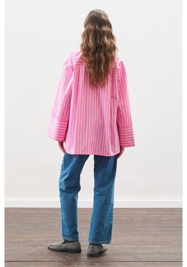 Çizgili Pamuklu Gömlek Pembe Çizgi Pembe Çizgi