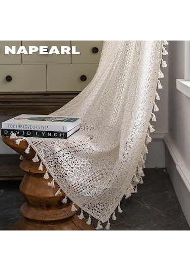 1 Adet Napearl Brokar Pamuk Çözgü Örme Zanaat Perde Püsküller İle Oturma Odası Yatak Odası Ev Dekor İçin W150cm X L240cm Bej