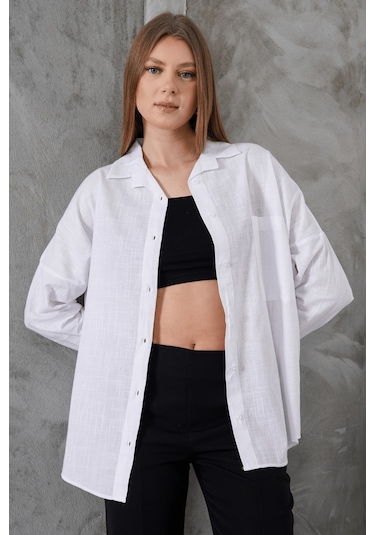 Paw Garage Kadın London Keten Tek Cepli Oversize Gömlek, Premium Kalite Keten Gömlek Beyaz