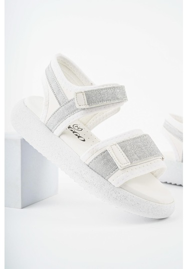 Muggo Cruz Garantili Günlük Ortopedik Hafif Taban Simli Ve Cırtlı Kız Çocuk Sandalet Beyaz