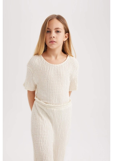 Defacto Kız Çocuk Kısa Kollu Uzun Tulum B4637A824SMER238 Ekru