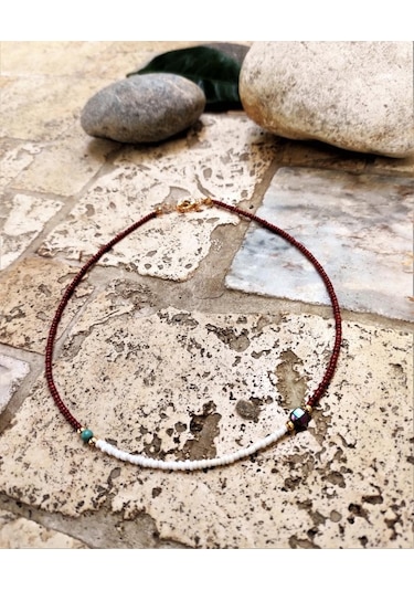 GOLD KAPLAMA TURKUAZ VE HEMATİT TAŞI KAHVERENGİ BONCUK KOLYE-KOL127 Çok Renkli