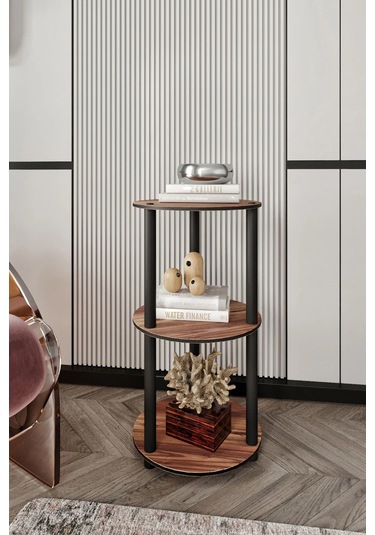 3 Katlı Dekoratif Yuvarlak Kitaplık Ceviz Ceviz