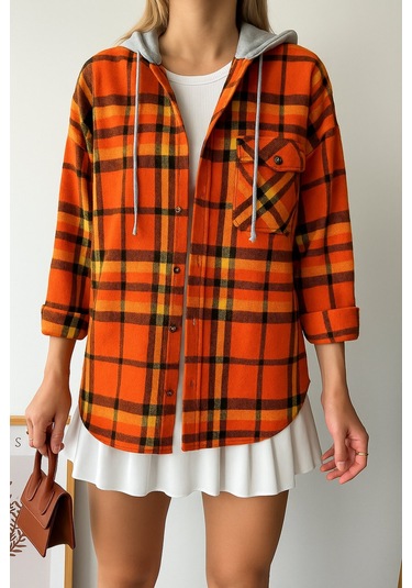 Kadın Desenli Renkli Oduncu Oversize Bol Ve Geniş Kalıp Casual Çift Kapüşonlu Ceket Gömlek Turuncu