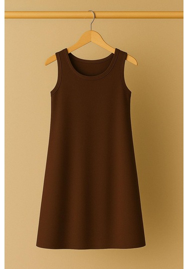 Modal Kumaş Rahat Kalıp Basic Günlük Elbise Kahverengi