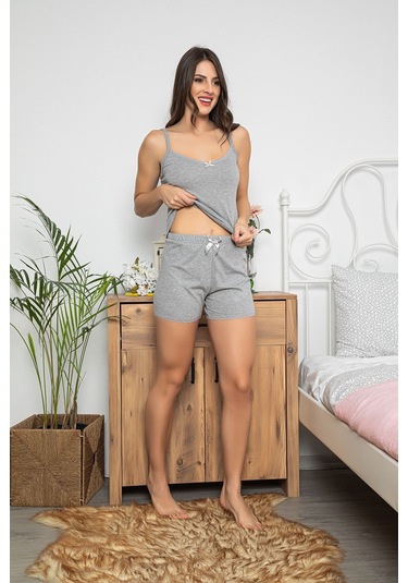 Kadın Gri Renkli Şortlu Ve Taytlı Pijama Takımı 3'lü Set 75009 Gri