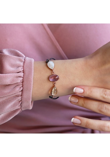 Doğaltaşlı Oksitli Rose Gümüş Kelepçe Gümüş