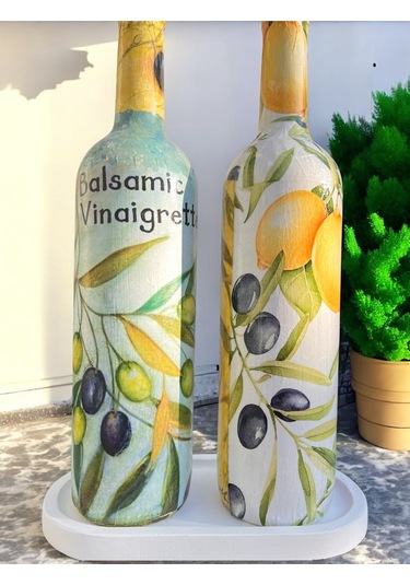 El Yapımı Limon & Zeytin Desenli Cam Yağdanlık & Sirkelik Seti Şık Mutfak Dekoru & Özel Ev Hediyes Beyaz - Kırmızı - Sarı