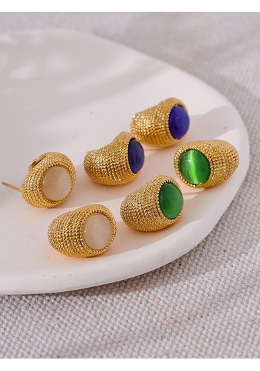 Yeşil Eetit Vintage Yeşil Mavi Beyaz Kedi Gözü Taş Paslanmaz Çelik C Şekli Geometrik Moda Küpe Altın Renk Moda Takı Hediye Çok Renkli