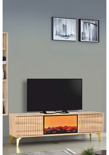 Rüya Dekoratif Şömineli Tv Sehpası Atlantik Çam Gold Kulplu 2 Kapaklı Alev Efektli 150x50x36 Cm