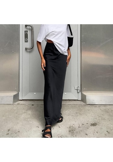 Saten Siyah Trompet Etek Ince Yüksek Bel Etekler Moda Kadın 2023 Yaz Katı Ofis Bayan Uzun Etek Kadın Zarif 27694 Açık Pembe