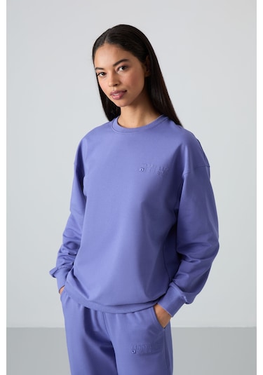 Tommy Life Eflatun Basic Pamuklu O Yaka Oversize Lastik Paça Kadın Eşofman Takım - 95287 Mor