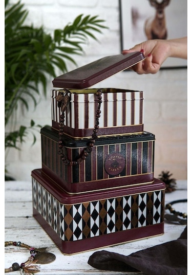 Festival Desenli 3'lü Kare Metal Saklama Kabı Seti 2,2 Lt + 3,7 Lt + 5,8 Lt