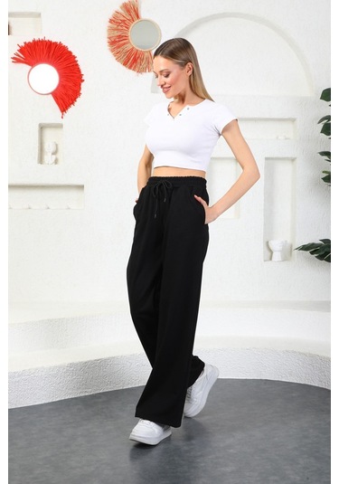 Kallima Siyah Mevsimlik Salaş Rahat Bol Paça Kadın Eşofman Altı Siyah