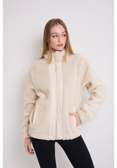 Kadın Rüzgar Geçirmez Welsoft Çift Cepli Kışlık Mont Ekru