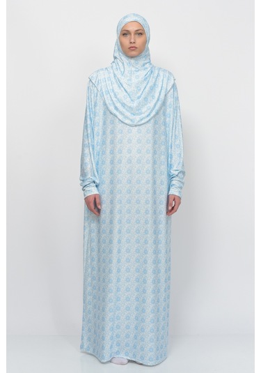 Pratik Tek Parça Güneş Desenli Kollu Tak Çıkar Başörtülü Likralı Tesettür Namaz Elbisesi 990-0302 Mavi Antrasit