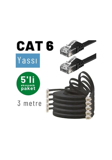 Irenıs 5 Adet 3 Metre Siyah Cat6 Kablo Yassı Ethernet Network Lan Ağ İnternet Kablosu