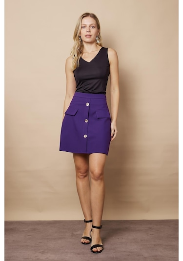 Kadın Diz Üstü Yüksek Bel Önü Düğmeli Cep Kapaklı Hafif Likralı Kumaş Çan Etek-mor Mor