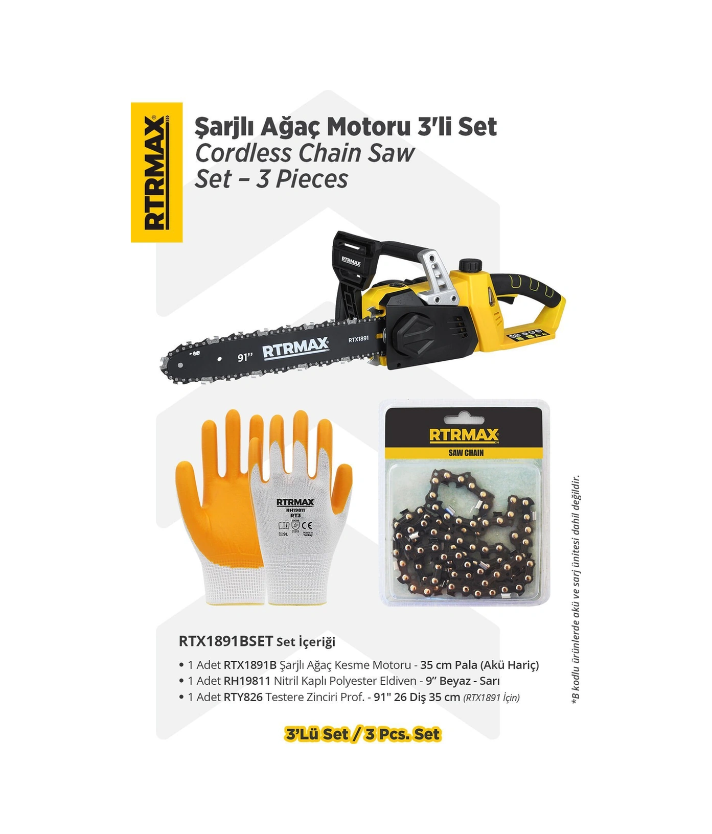 Rtrmax RTX1891BSET Eldiven + Testere Zinciri Şarjlı Ağaç Kesme Motoru 3'lü Set