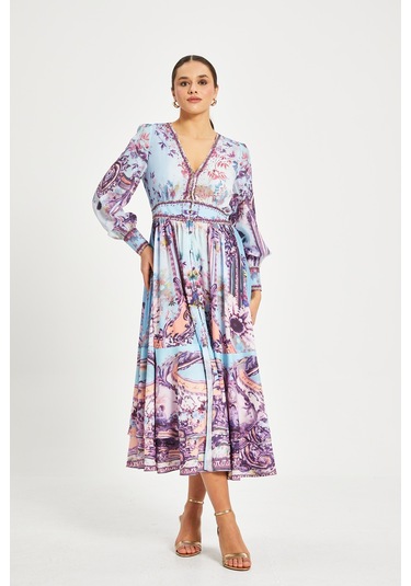 Kadın Desenli V Yaka Elbise Uzun Kollu, Kuşaklı, Astarlı Mavi