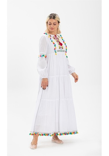 Uzun Kol Şile Bezi Iffet Uzun Elbise Beyaz