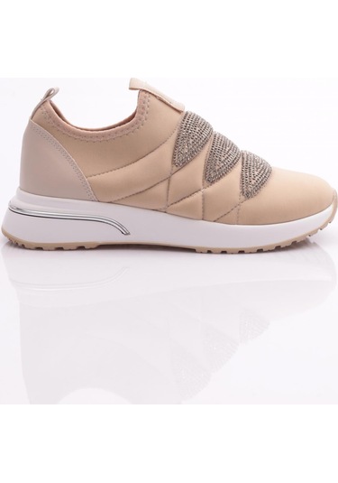 Dgn 222 Kadin Kalin Taban Baklava Desenli Sneaker Ayakkabi 222-2494-R0155 Bej - Beyaz