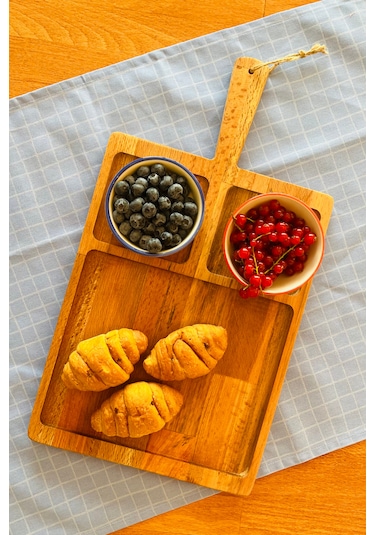 Neper Doğal Ahşap Saplı Kayın Ağacı 3 Bölmeli Sunum Tabağı 47x26