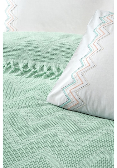 Petekli Dokuma Jakarlı Bağlama Saçaklı Pike Takımı-delfina-mint Mınt Mint