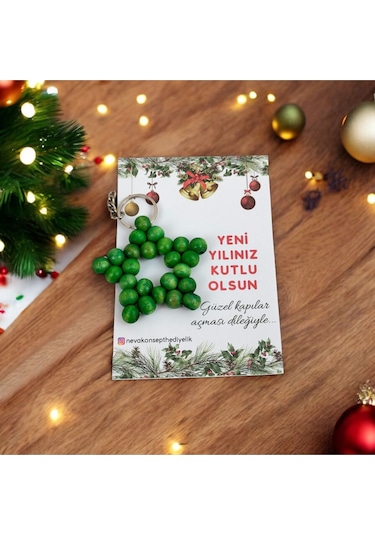 Yılbaşı-yeni Yıl Hediyesi Yeşil Ahşap Boncuk Yıldız Anahtarlık 5 Adet