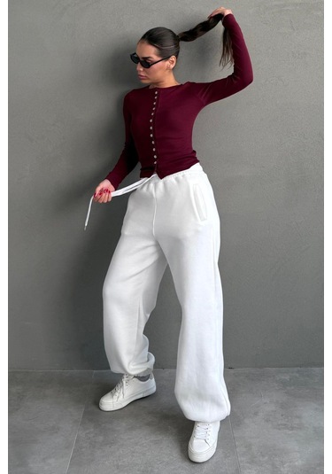 Ekru Geniş Paça Rahat Kalıp Lastikli Eşofman Altı Mg2581 Ekru