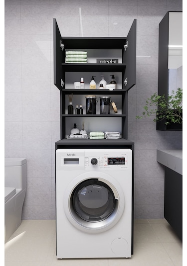 Verani Çamaşır Makinesi Dolabı Banyo Kiler Çift Kapaklı Arkal... Antrasit