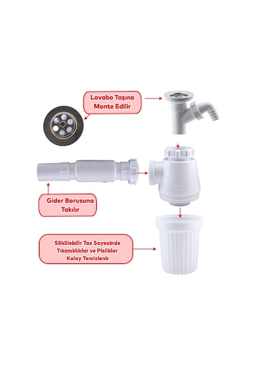 Pis Su Giderli Sökülebilir Tas'lı Çift Gider Sifon Körüklü Temizlenebilir Mutfak Banyo Lavabo Boru