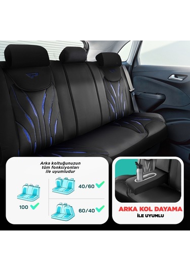 Panda Pars Serisi Deri Oto Koltuk Kılıfı - Siyah - Mavi