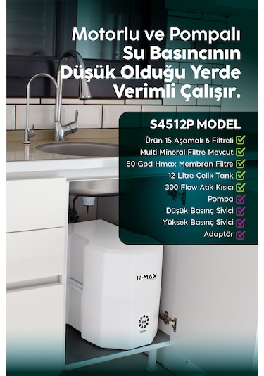 12 Litre Pompalı 15 Aşama Su Arıtma Cihazı Hmaxs4512p