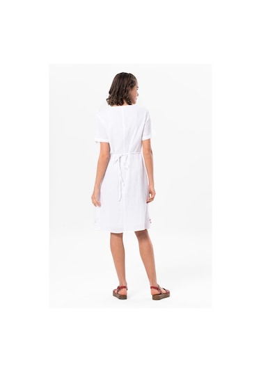 Kolsuz Şile Bezi Kruvaze Yaka Nakışlı Tülin Midi Boy Yazlık Otantik Elbise Beyaz Byz-beyaz