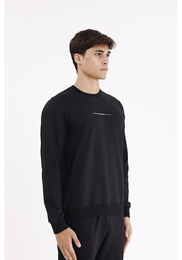 Rowinger Minimal Göğüs İşlemeli Rahat Kalıp Esnek Manşetli Mevsimlik Bisiklet Yaka Sweatshirt Black