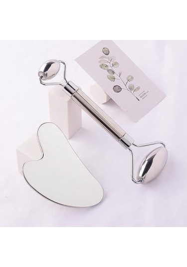 Paslanmaz Çelik Yüz Rulo Gua Sha Aracı Seti Yüz Bakımı Masaj Kristal Yeşim Rose Kuvars Sağlık Karşıtı Masaj Yüz Bakım Aracı Bdjjro Gümüş