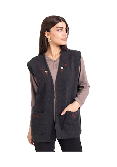 Kadın Orta Yaş Ve Üzeri Triko Örgü Düğmesiz Kanaviçe Desen Nakışlı Anne Yelek 310-siyah-füme Çok Renkli
