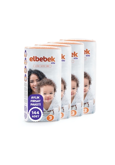 Elbebek Elite Bebek Bezi 3 Numara Midi Fırsat Paketi 144 Adet 4'lü