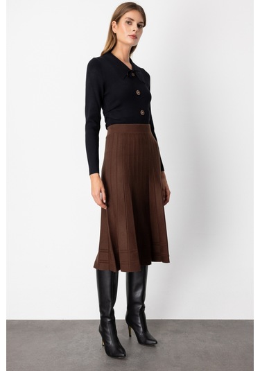 On Kadın Pileli Midi Boy Triko Etek 60201 Kahverengi Kahverengi