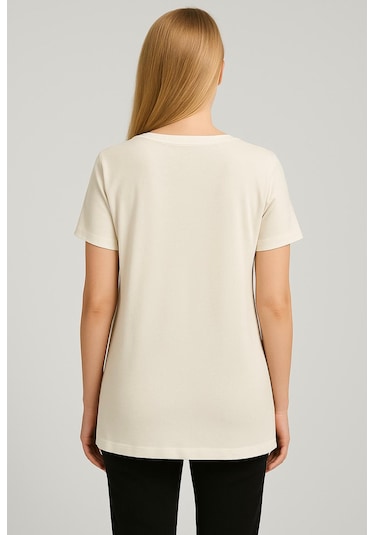 Axxel Kadın Krem Kısa Kollu Pamuklu Oversize Rahat Kesim T-shirt-d804-k