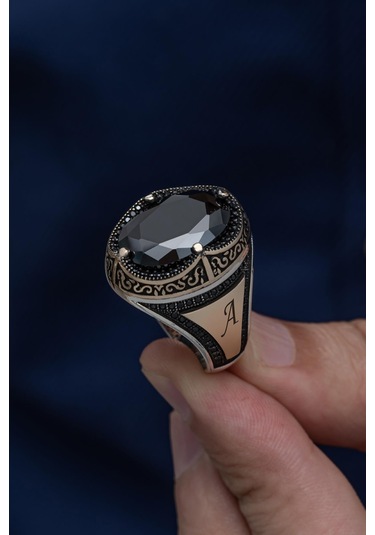 Yüzük Sanatı Oval Siyah Taşlı İsimli Harfli 925 Gümüş Erkek Yüzük