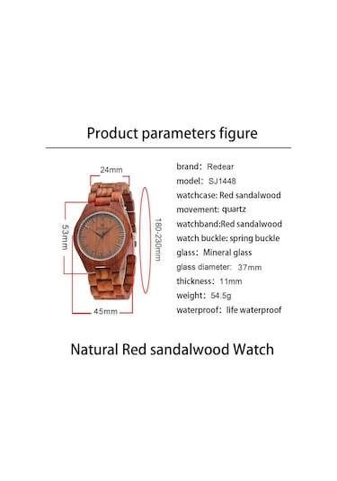 Erkek Ahşap Saat Analog Kuvars Saat Sandal Ağacı Malzeme Hafif Günlük Saatler Vintage Kol Saati Erkek Ve Kırmızı Sandal Ağacı Kayış Diğer