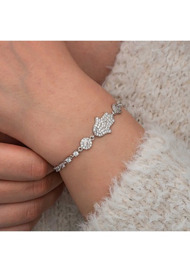 Artsmagazinmücevher Gümüş Zirkon Taşlı Fatma Ana Eli Kadın Bileklik