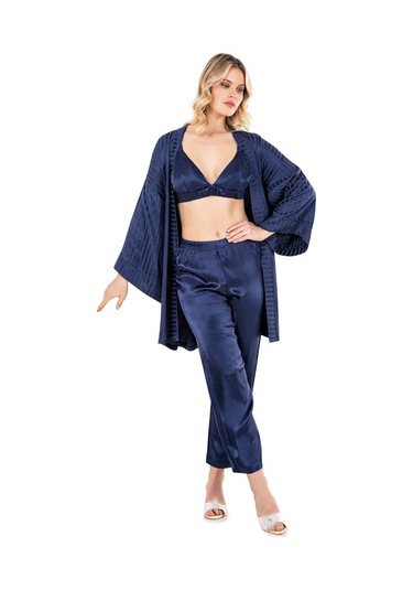 Kadın Yazlık Saten Çizgili Braletli Sabahlıklı Üçlü Set Flz 31-65 Lacivert