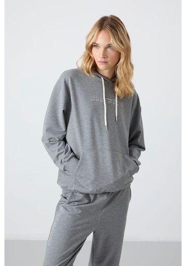 Tommy Life Gri Melanj Kapüşonlu Kanguru Cep Oversize Lastik Paça Kadın Eşofman Takımı - 95288 GRİ MELANJ