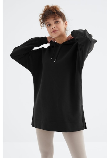 Tommy Life Siyah Reglan Kol Basic Kapüşonlu Oversize Sweatshirt Tunik - 97242 Siyah